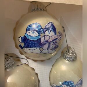 VTG Rauch Glass snowball ornament set featuring adorable snowman and girl USA